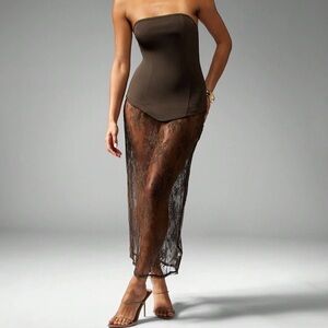 Missguided Strapless Corset Maxi Dress with Lace Overlay – Brown